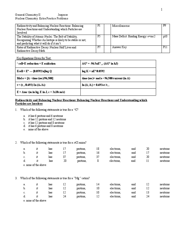 Nuclear Chemistry Practice Problems | PDF | Neutron | Radioactive Decay