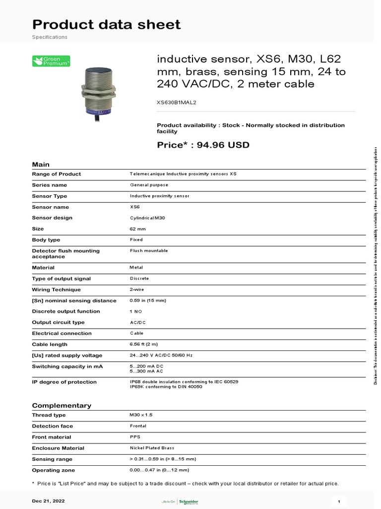 Inductive Sensor XS6 M30 Specs | PDF | Alternating Current | Electrical ...