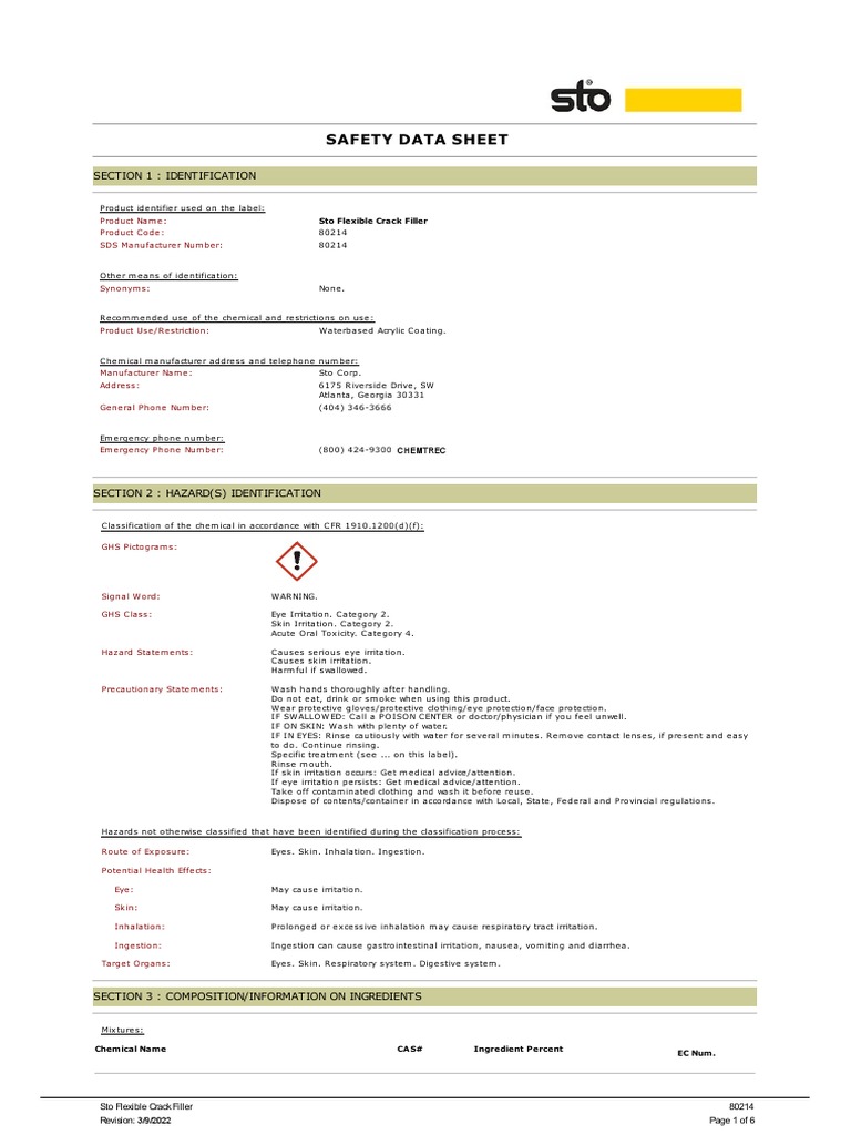 SDS - 80214 - Sto Flexible Crack Filler - EN | PDF | Respiratory System ...