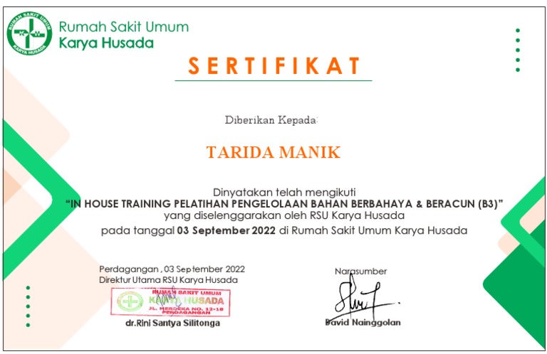 Rsu Karya Husada Sertifikat Pelatihan B3 Pdf
