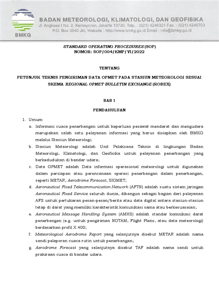 SOP Pengiriman Data OPMET Penerbangan | PDF