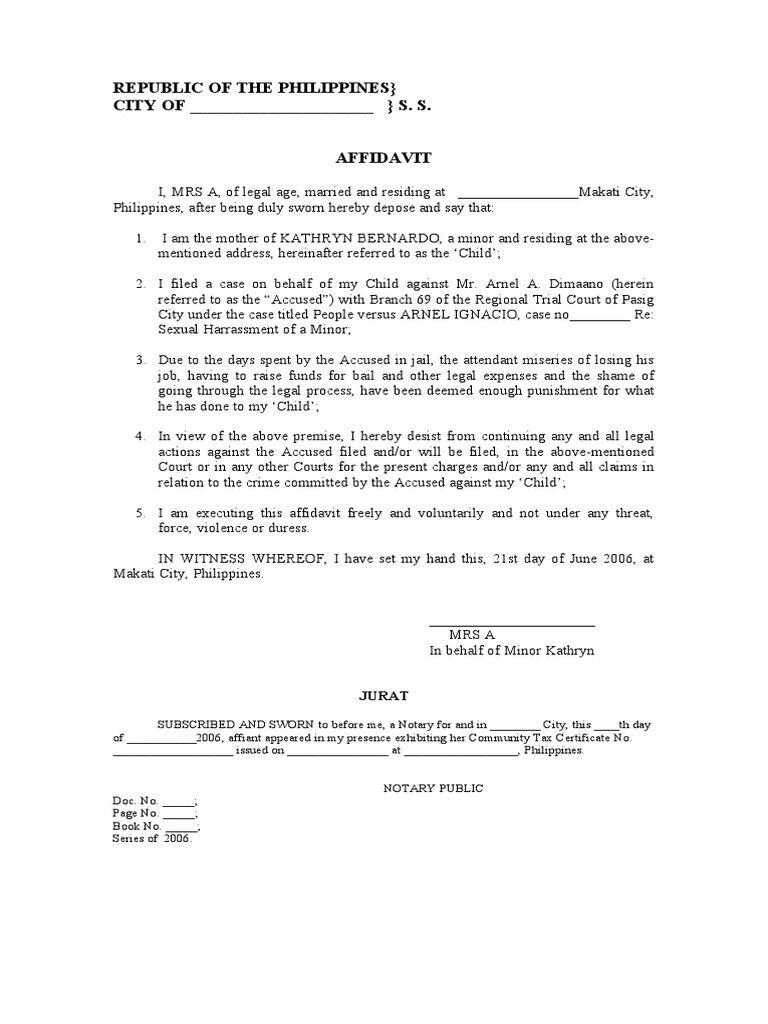 Affidavit of Desistance for Minor Case | PDF
