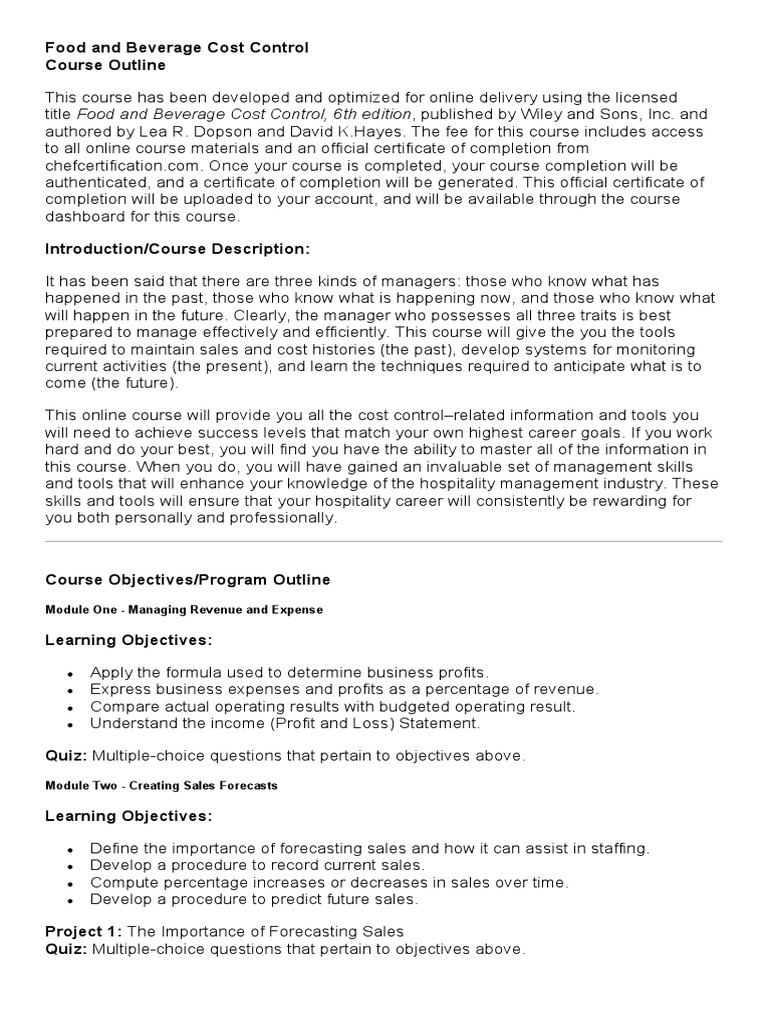 Food and Beverage Cost Control PDF Menu Inventory
