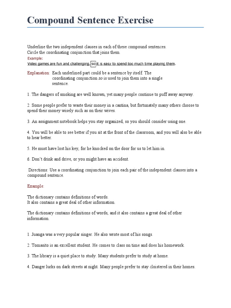 Compound Sentence Exxercises With FANBOYS Esplan PDF Language