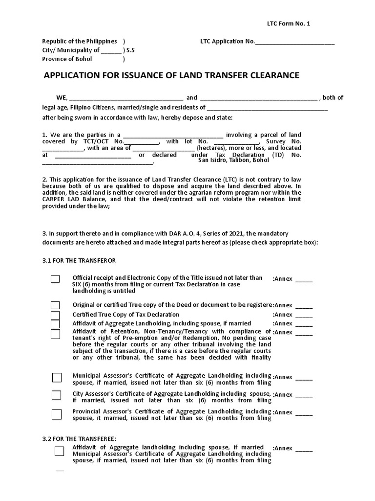 Land Transfer Clearance Application Form | PDF | Civil Law (Common Law ...