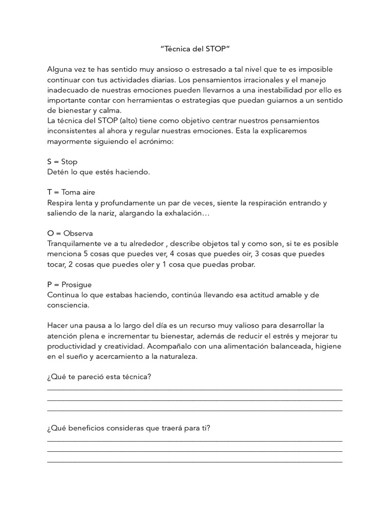 Técnica del STOP para la regulación emocional | PDF | Estilo de vida