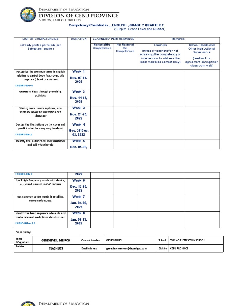 Competency Checklist q2 | Download Free PDF | Multiplication | Subtraction