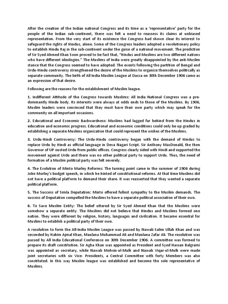 Formation of All India Muslim League | PDF | All India Muslim League ...