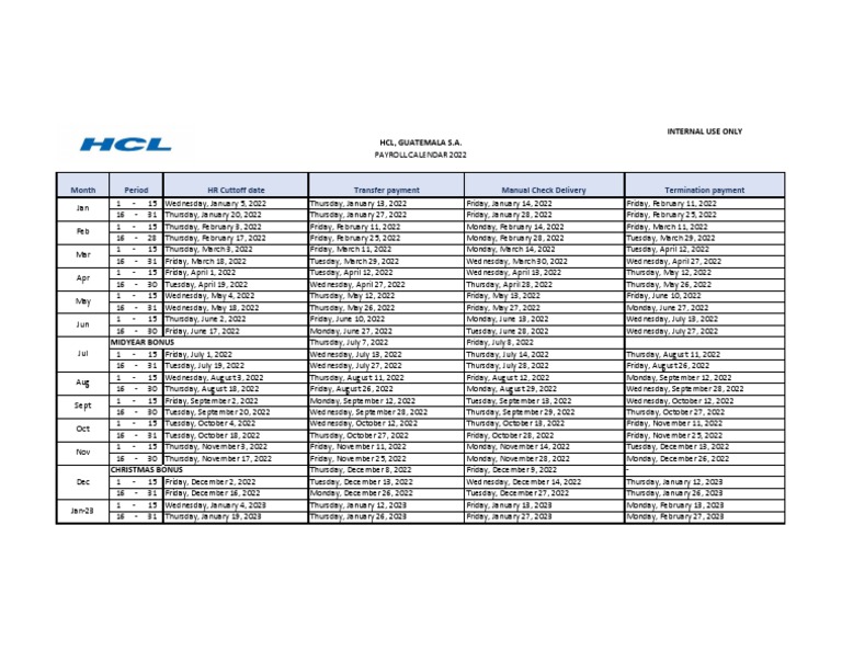 HCL Payroll Calendar 2022 PDF