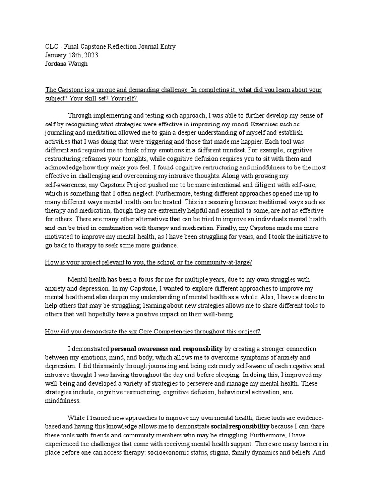 Capstone Reflection on Mental Health Strategies | PDF | Mental Health ...