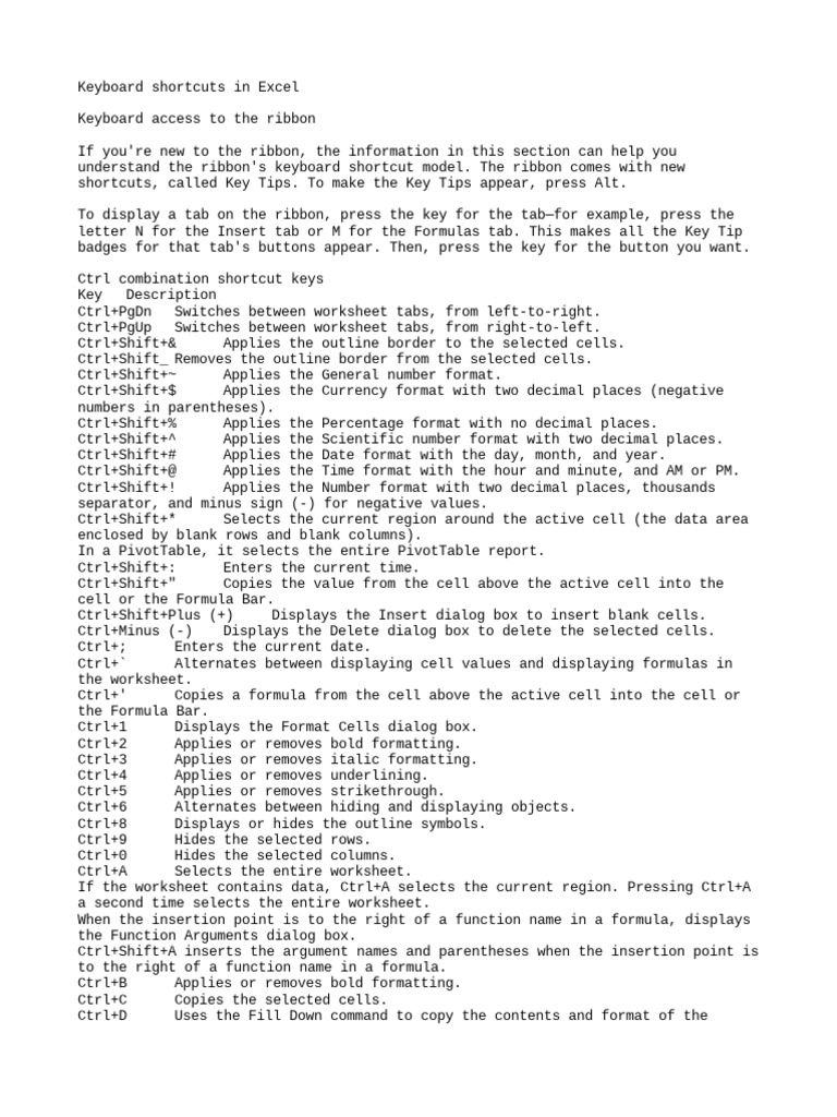 Keyboard Shortcuts in Excel PDF Menu Microsoft Excel