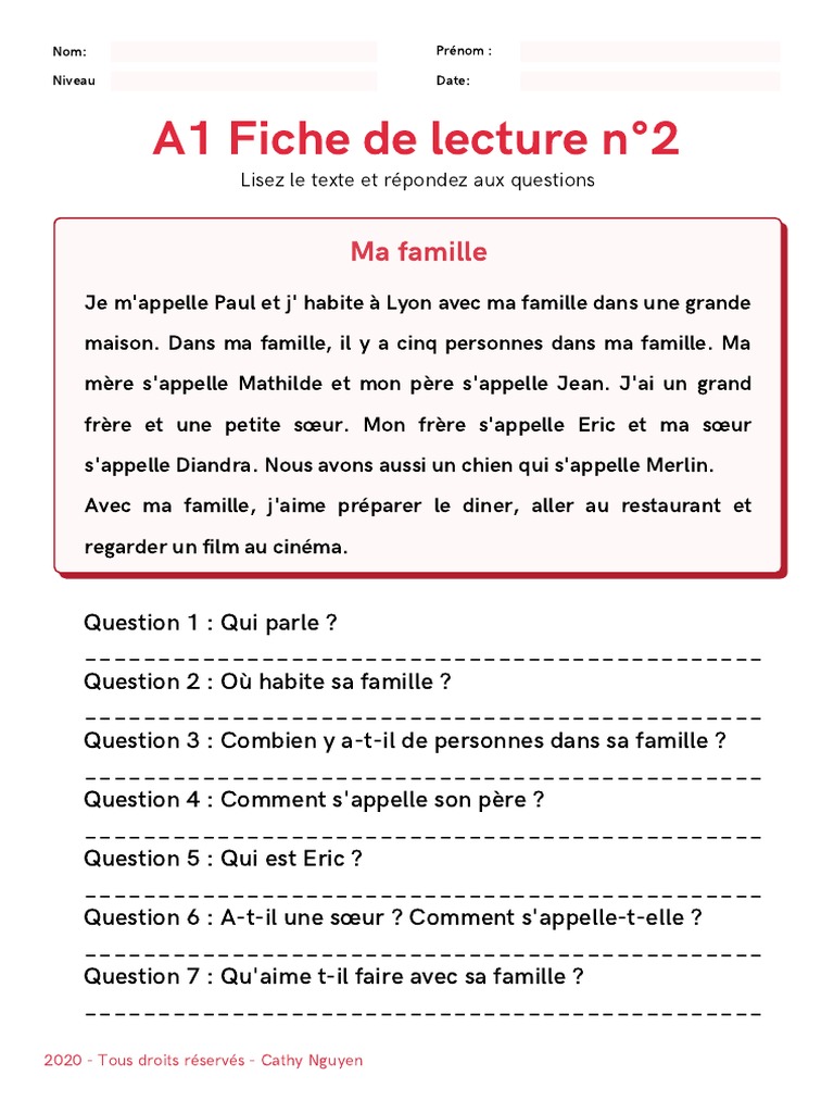 Fiche de lecture : Ma famille A1 | PDF | Bien-être