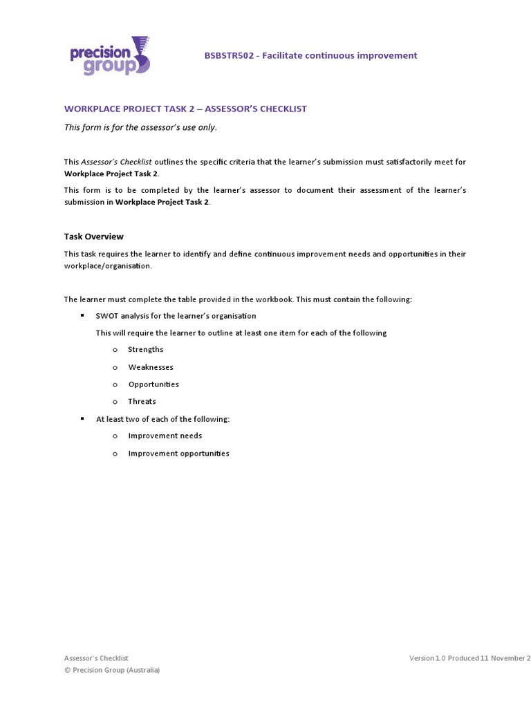STR502 Workplace Project Task 2 Assessors Checklist | PDF