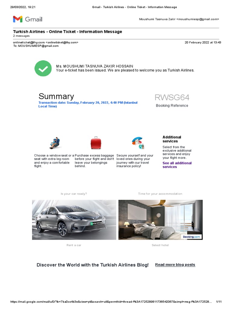 Turkish Airlines Online Ticket Information Message PDF PDF