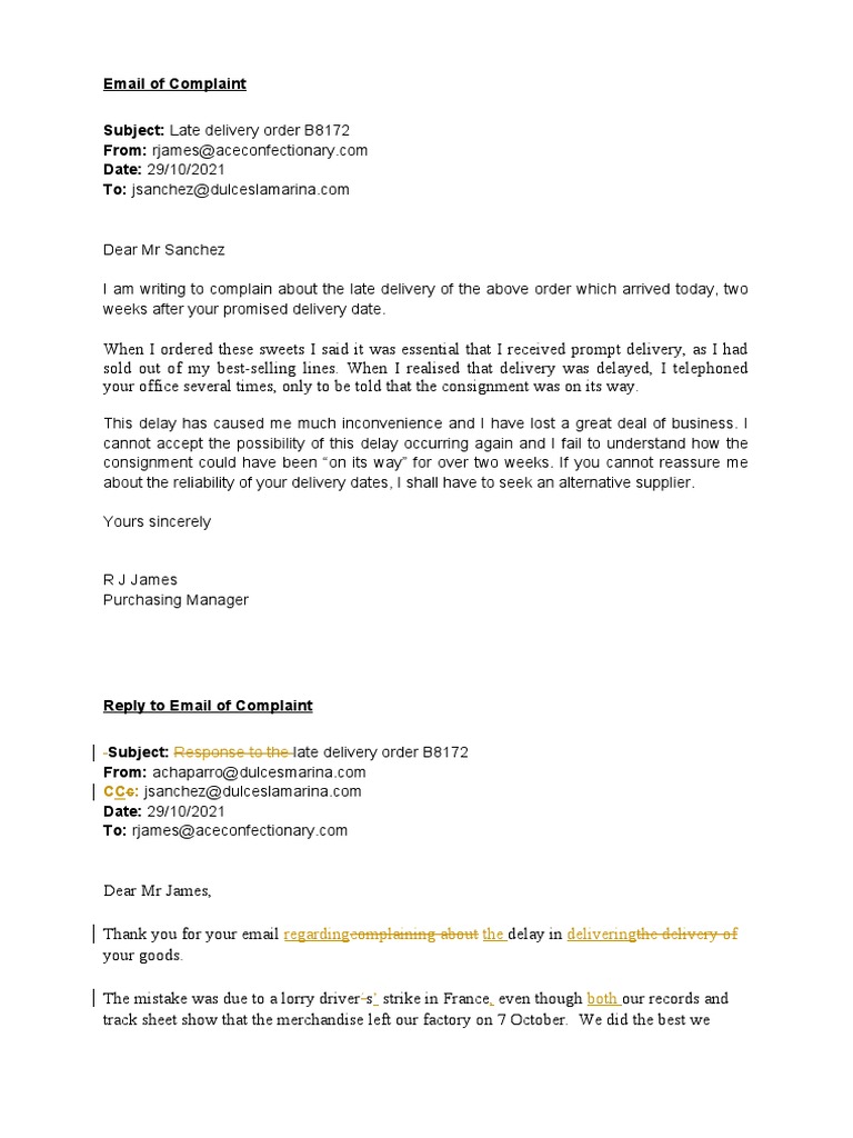Email of Complaint and Reply To It | PDF