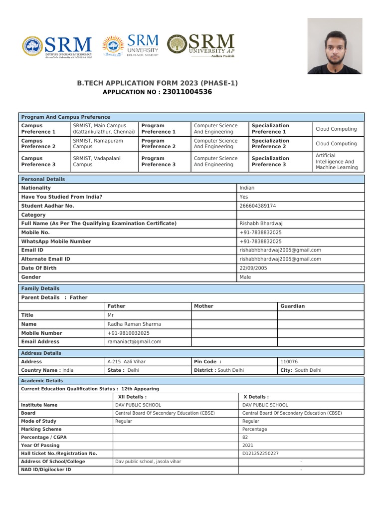 SRM B.Tech Application Form 2023 | PDF