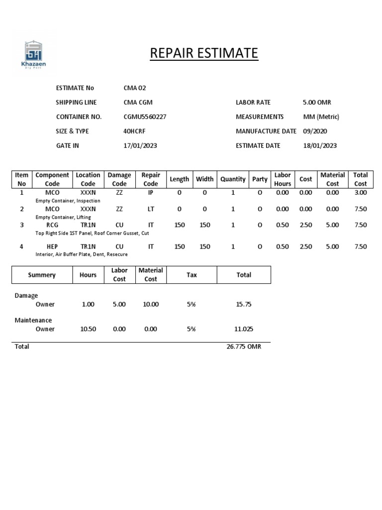 CMA CGM Container Repair Estimate for Damaged Top Right Side Panel and ...