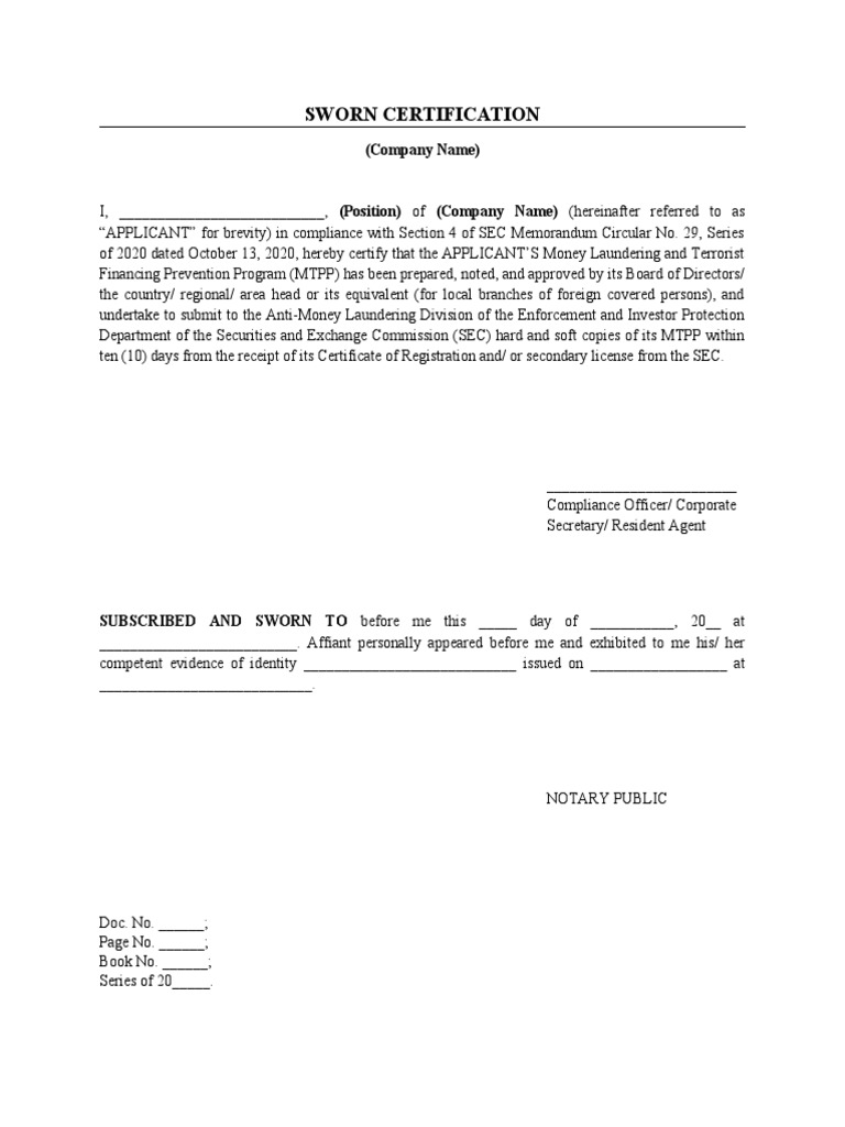 Sworn Certification for SEC Compliance | PDF
