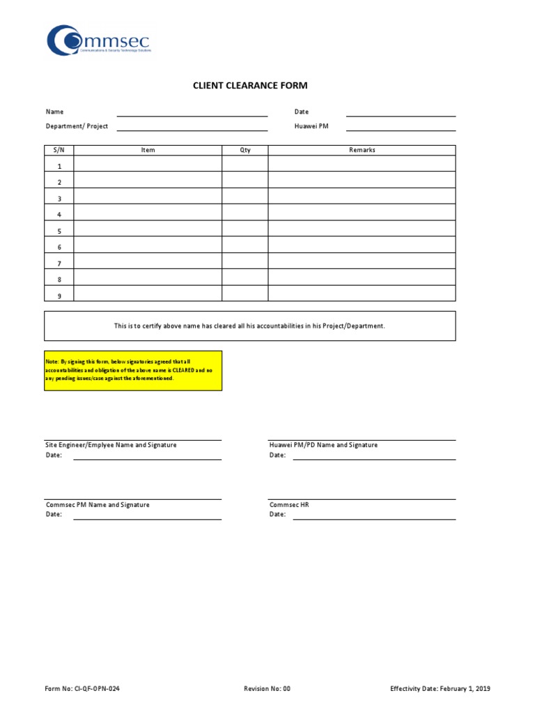 Client Clearance Certification Form | PDF | Technology & Engineering