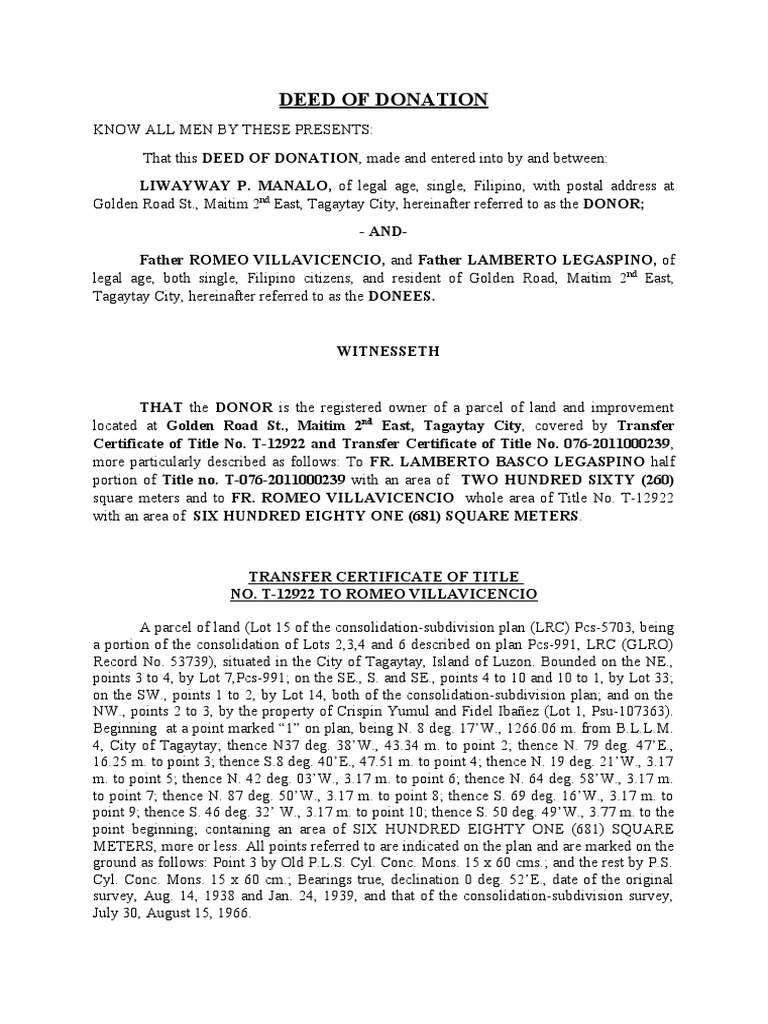 A deed of donation transferring ownership of land and property through