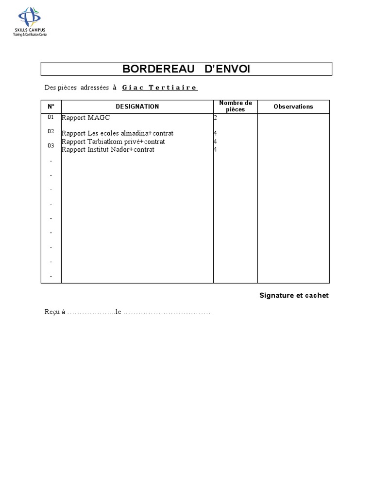 Modèle de bordereau d'envoi administratif | PDF
