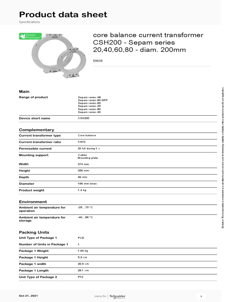 Core Balance Current Transformer CSH200 Product Data Sheet PDF