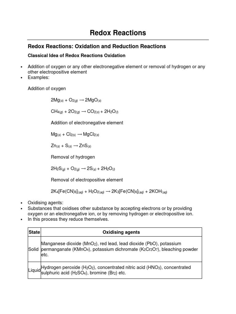 Class 11 Redox Reactions Overview | PDF | Redox | Chemical Reactions