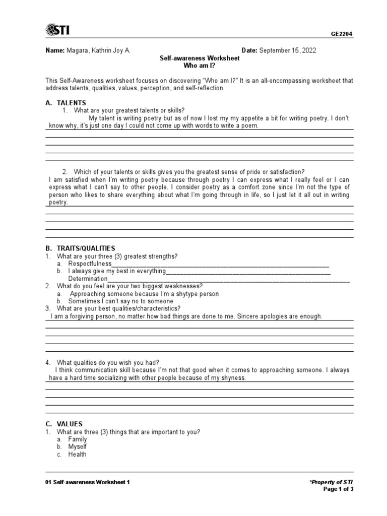 Self-Awareness Worksheet Insights | PDF | Self Awareness | Psychology