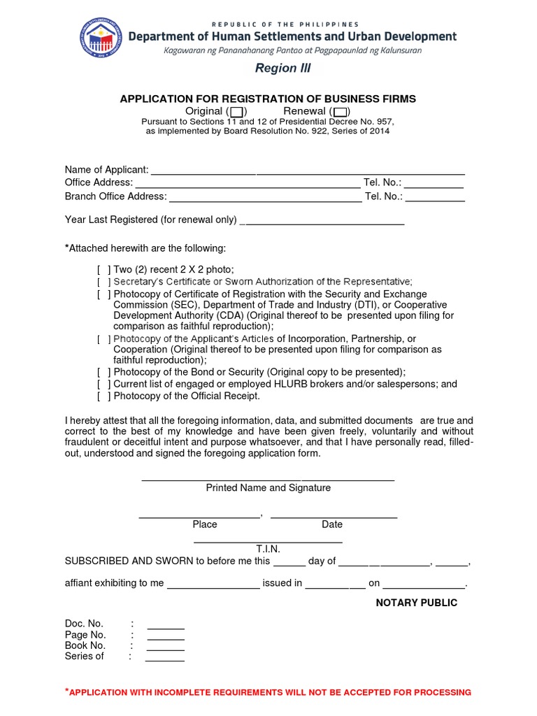 Application Form License To Sell DHSUD PDF