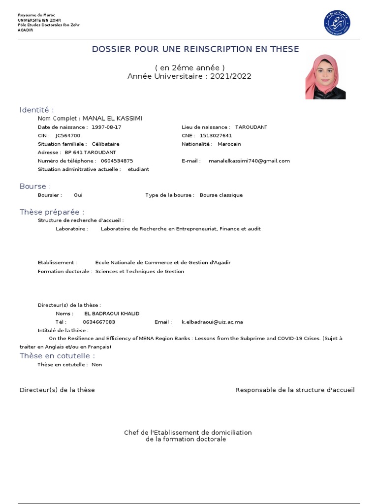 Dossier de réinscription en thèse UIZ | PDF | Doctorat