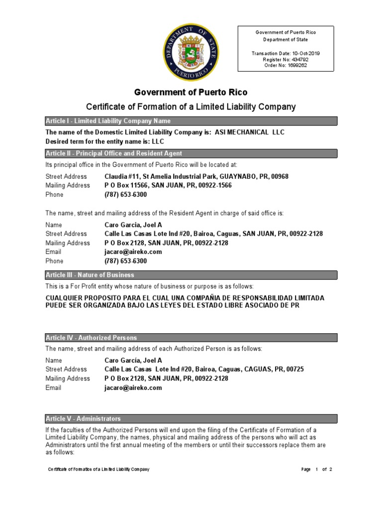 ASI Mech - Certificado de Incorporación | PDF | Limited Liability ...