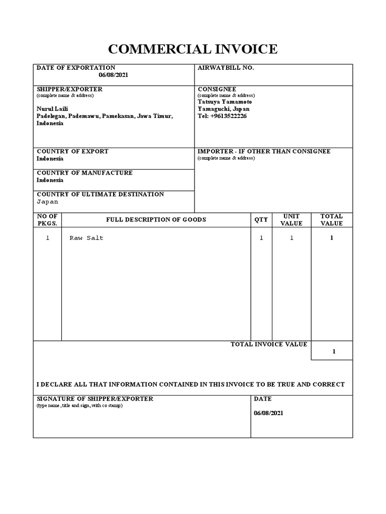 Commercial Invoice for Raw Salt Export | PDF