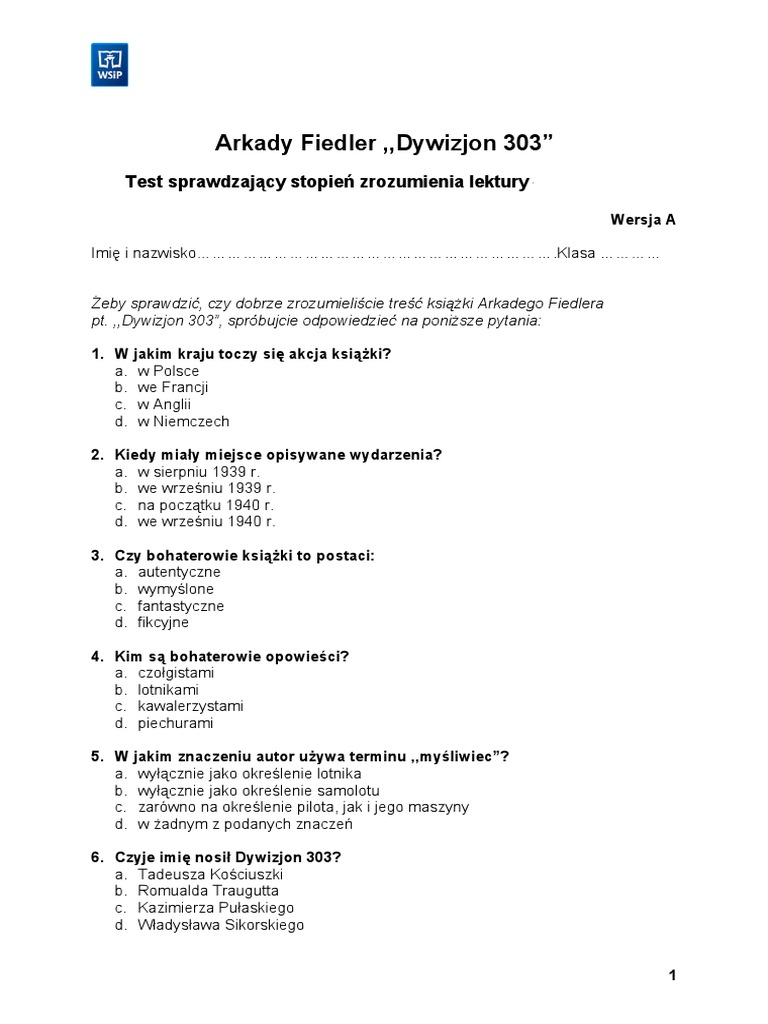 Test Z Lektury Dywizjon 303 Dywizjon 303 | PDF