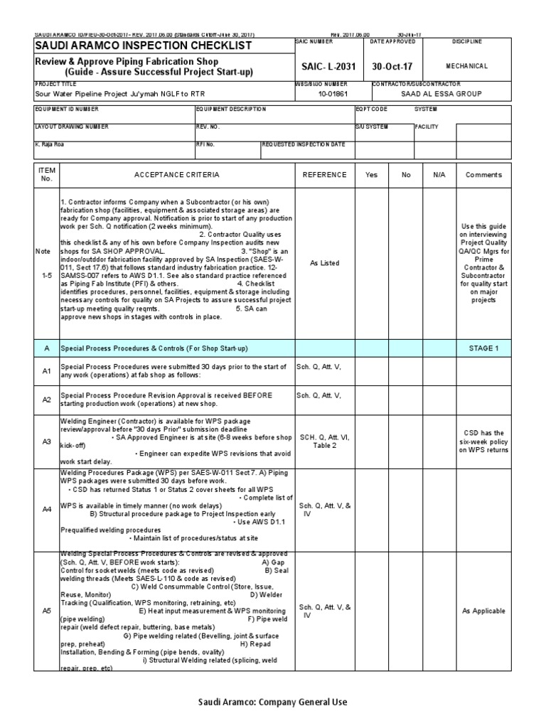 Aramco Welding Standards Checklist | PDF | Welding | Construction