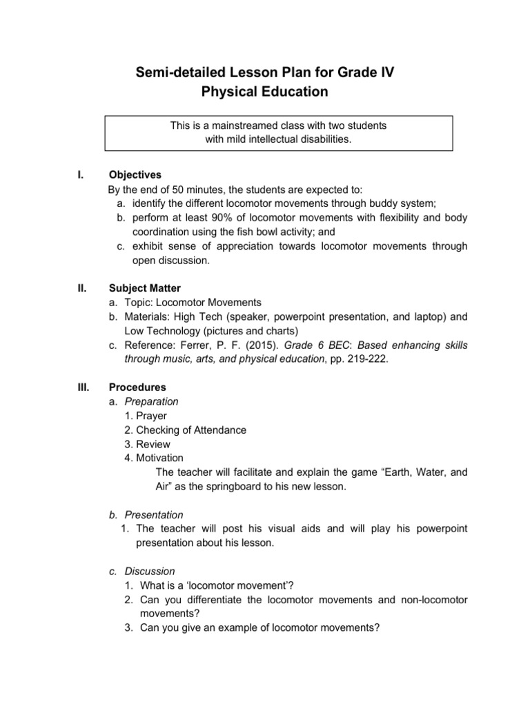 Semi-Detailed Lesson Plan BPE5 | PDF | Animal Locomotion | Lesson Plan