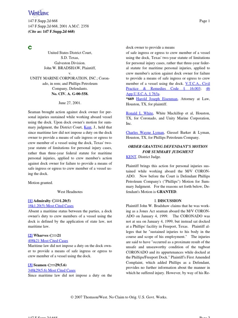 Bradshaw V Unity Marine PDF Admiralty Law Summary Judgment