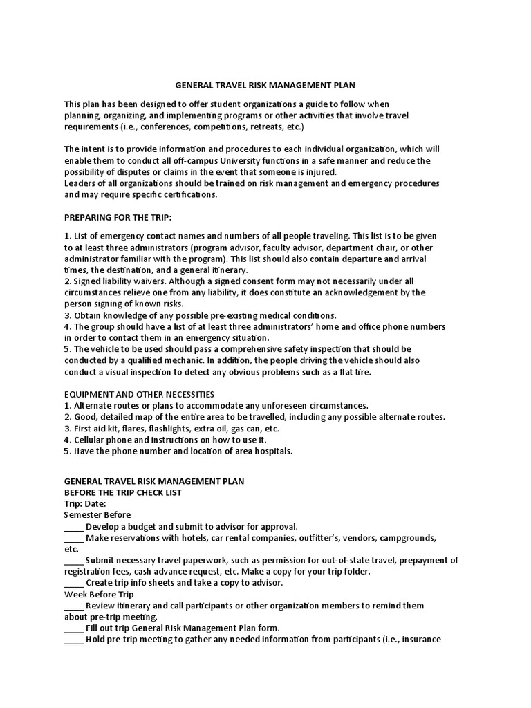 General Travel Risk Management Plan Dick | PDF | First Aid