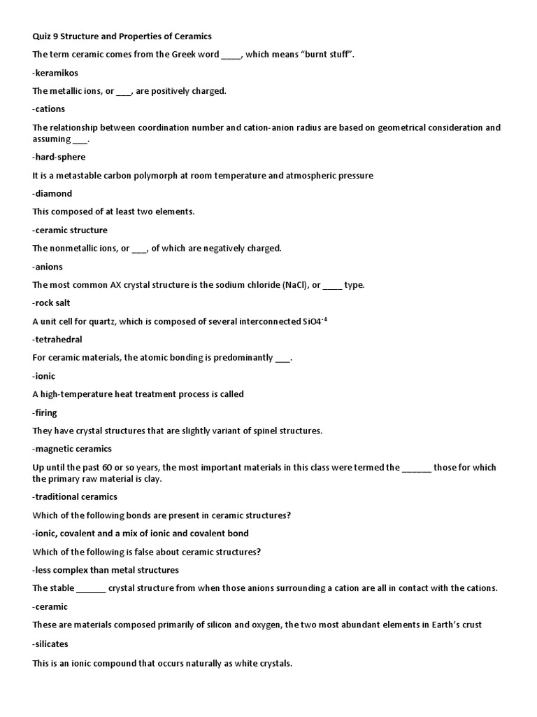 Quiz 9 Structure and Properties of Ceramics PDF