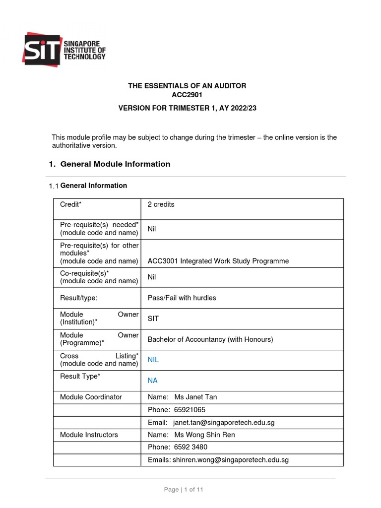 SIT Module Profile VAP2901 Essentials of Auditor AY2023 LMS | PDF ...