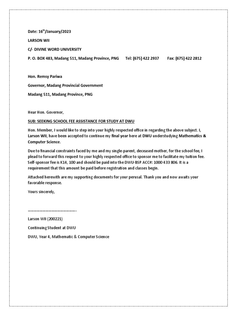 Request for School Fee Assistance | PDF | Finance & Money Management