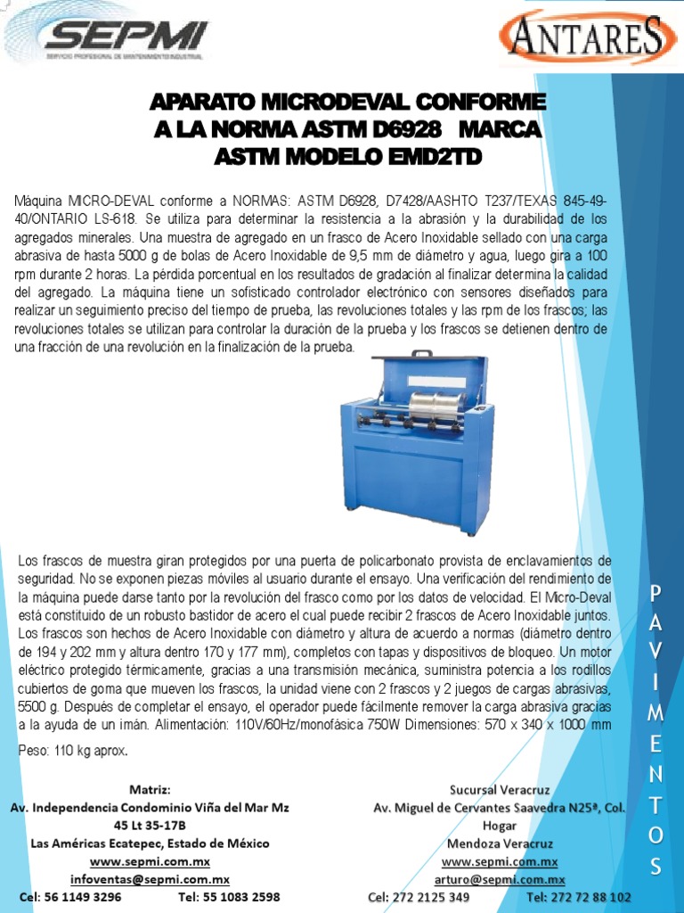 Características y especificaciones del aparato Micro-Deval conforme a ...