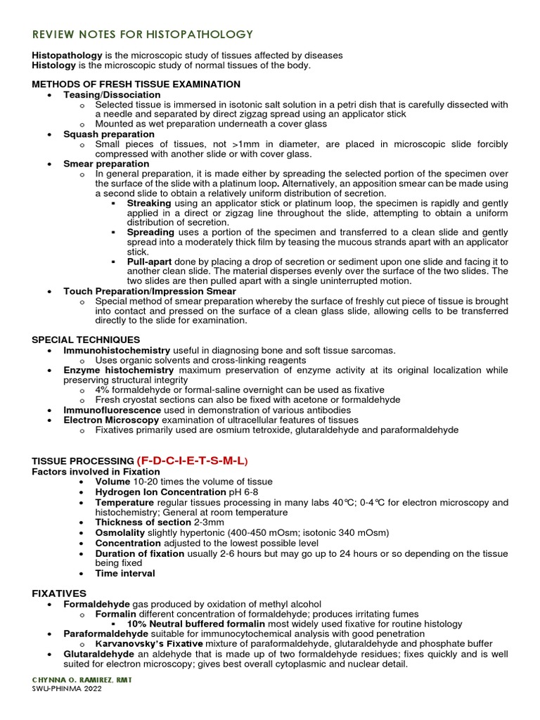 Histopathology Review Notes Pdf Staining Fixation Histology