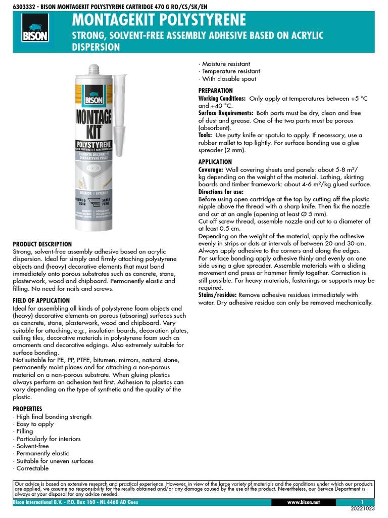 Montagekit Polystyrene Strong, SolventFree Assembly Adhesive Based On