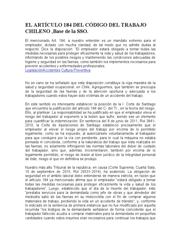 El Artículo 184 Del Código Del Trabajo Chileno PDF Seguridad y