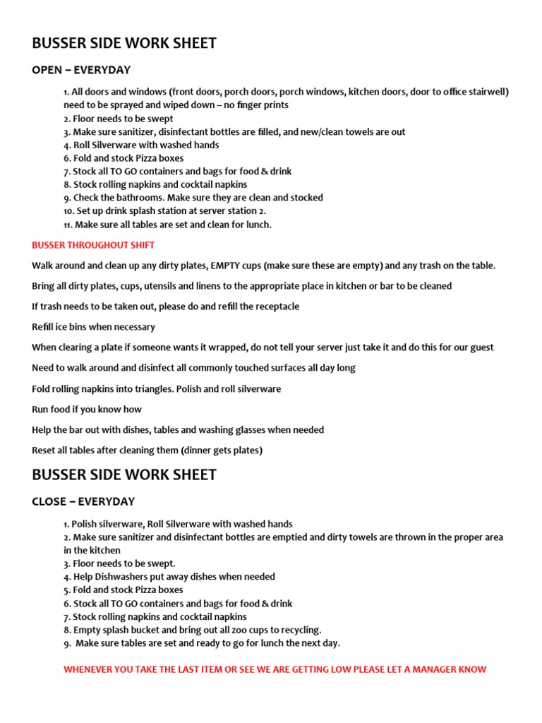 Busser Side Work Checklist | PDF | Cooking, Food & Wine