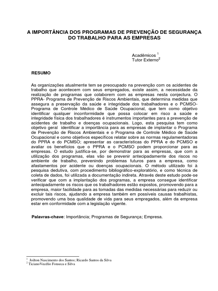 A Importância Dos Programas de Prevenção de Segurança Do Trabalho para ...