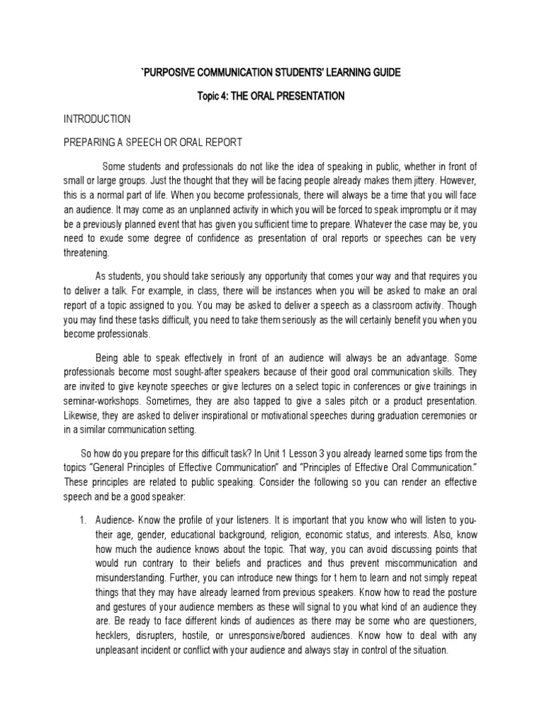 Module 4 Communication In Various Purposes Lesson 4 The Oral