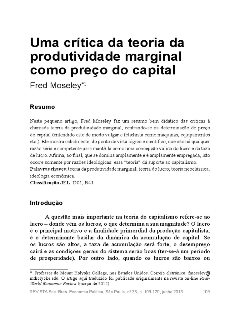 Crítica à Teoria da Produtividade Marginal | PDF | Economia | Capital ...
