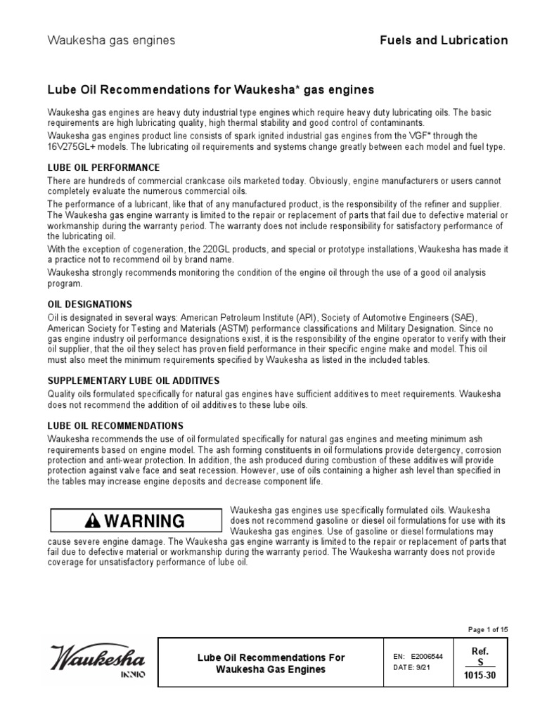 Fuels and Lubrication Lube Oil For Waukesha Gas Engines