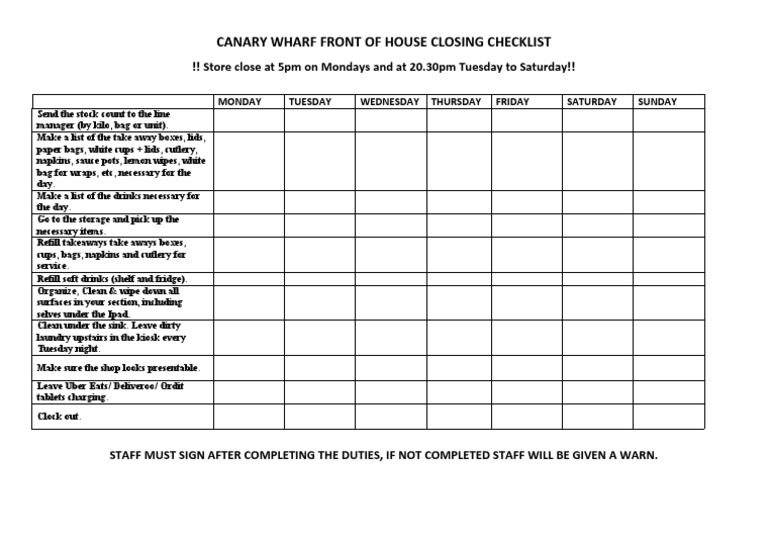 CW Front of House Closing Checklist (211222) PDF
